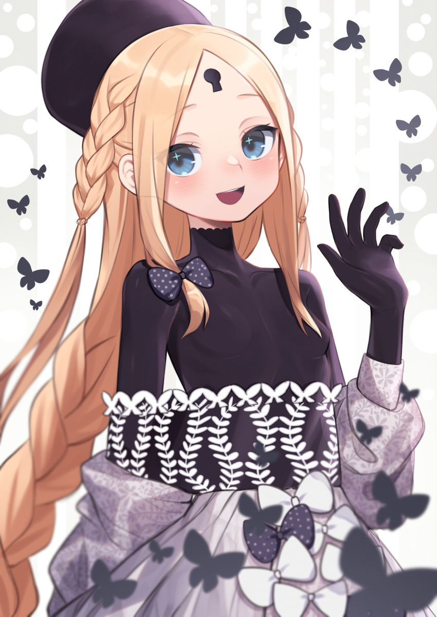 abigail_williams_(event_portrait)_(fate) abigail_williams_(fate) absurdres black_hat black_shirt blonde_hair blue_eyes blush bodystocking braid braided_ponytail breasts collarbone dress fate/grand_order fate_(series) female forehead grey_dress hat highres keyhole lazu0721 long_hair long_sleeves looking_at_viewer off_shoulder open_mouth parted_bangs shirt sidelocks small_breasts smile solo very_long_hair