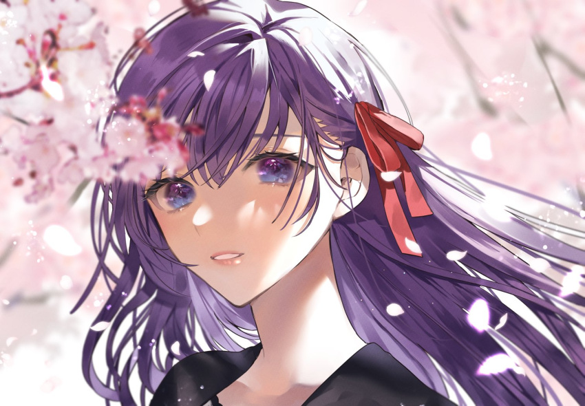 black_sailor_collar blurry blurry_background blurry_foreground cherry_blossoms collarbone commentary fate/stay_night fate_(series) female hair_ribbon looking_at_viewer matou_sakura parted_lips petals portrait red_ribbon ribbon sailor_collar shimatori_(sanyyyy) smile solo symbol-only_commentary teeth