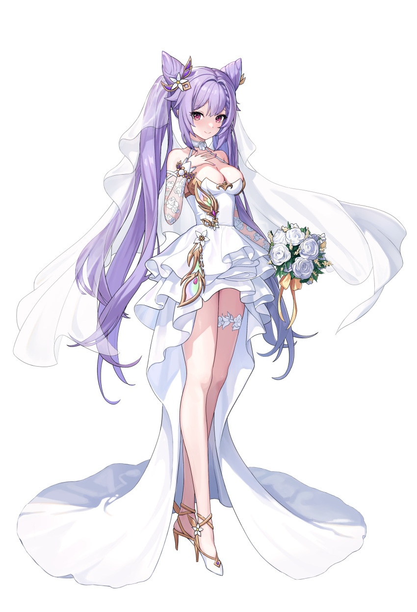 absurdres alternate_costume bare_legs bare_shoulders bouquet braid breasts bridal_veil cleavage cone_hair_bun detached_sleeves double_bun dress female flower frilled_dress frills full_body genshin_impact gold_trim hair_bun hair_flower hair_ornament hand_up high_heels highres holding holding_bouquet keqing_(genshin_impact) kkumang long_hair medium_breasts purple_eyes purple_hair rose simple_background smile standing tachi-e thighlet veil wedding_dress white_background white_dress white_flower white_footwear white_headdress white_rose