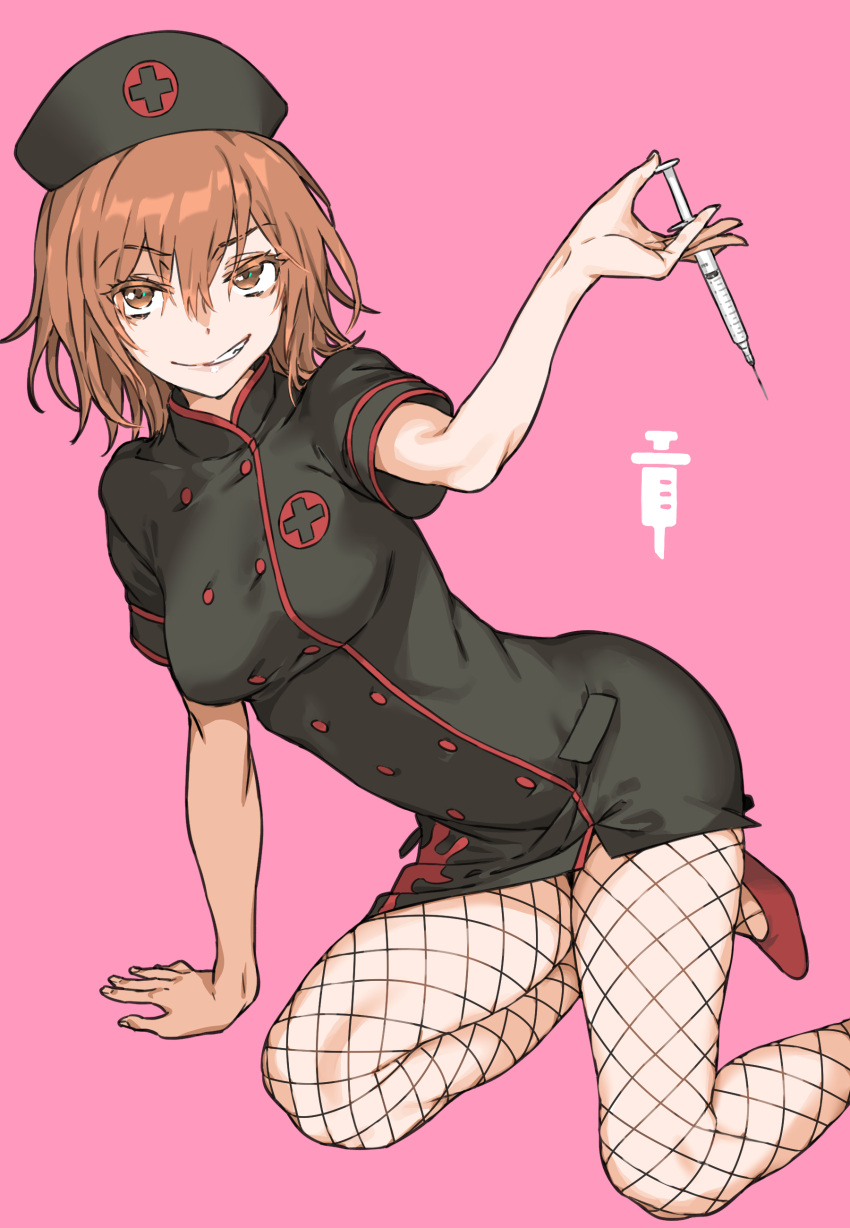 absurdres arm_support black_dress black_hat breasts brown_eyes brown_hair dress evil_smile female fishnet_pantyhose fishnets haimura_kiyotaka hair_between_eyes hat highres holding holding_syringe jacket kneeling leaning_to_the_side medium_breasts medium_hair misaka_worst nurse nurse_cap official_alternate_costume pantyhose pencil_dress pink_background red_footwear smile solo syringe toaru_majutsu_no_index toaru_majutsu_no_index:_imaginary_fest