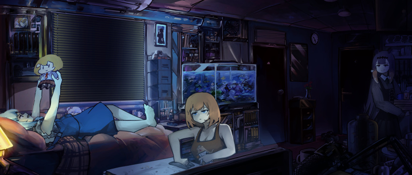 3girls absurdres air_conditioner bed blonde_hair blue_eyes bottle bubba_(watson_amelia) bug cabinet character_doll character_print cleaning clock coffee_mug cup doll door fish_tank gawr_gura gawr_gura_(casual) headpiece highres holding holding_doll hololive hololive_english indoors long_hair long_sleeves lying mcnuggies_(meme) medium_hair meme microphone mug multiple_girls mustache_print ninomae_ina'nis ninomae_ina'nis_(casual) nintendo_switch official_alternate_costume parody portrait_(object) purple_hair room skirt skirt_set smile smol_ame spider style_parody takodachi_(ninomae_ina'nis) tentacle_hair virtual_youtuber vyragami walfie_(style) wall_clock watson_amelia window_blinds