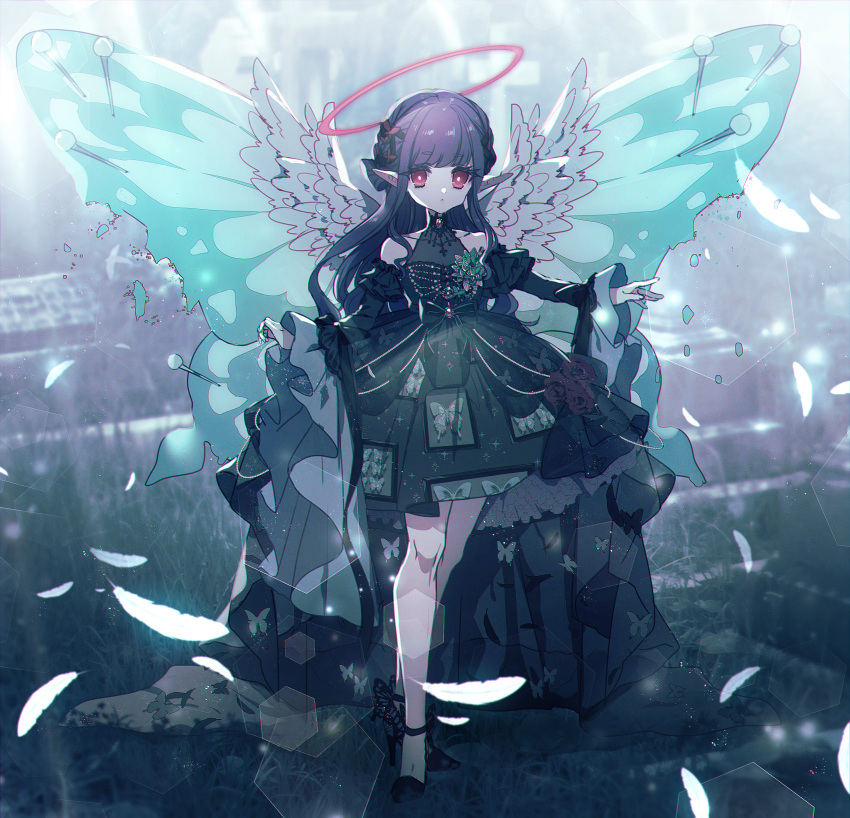 absurdres black_footwear butterfree closed_mouth collarbone commentary_request detached_sleeves dress eyelashes female gigantamax gigantamax_butterfree hair_ornament halo high_heels highres knees long_hair looking_at_viewer moe_(hamhamham) personification pointy_ears pokemon purple_hair red_eyes wide_sleeves wings