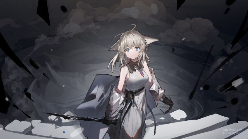 absurdres animal_ears arknights arknights:_endfield artist_name bare_shoulders belt belt_pouch black_gloves blue_eyes breasts closed_mouth debris female from_above gloves grey_hair grey_jacket grey_skirt highres holding jacket long_hair long_skirt long_sleeves looking_at_viewer looking_up medium_breasts off_shoulder open_clothes open_jacket perlica_(arknights) pouch rockyroo shirt skirt smile smoke solo white_shirt