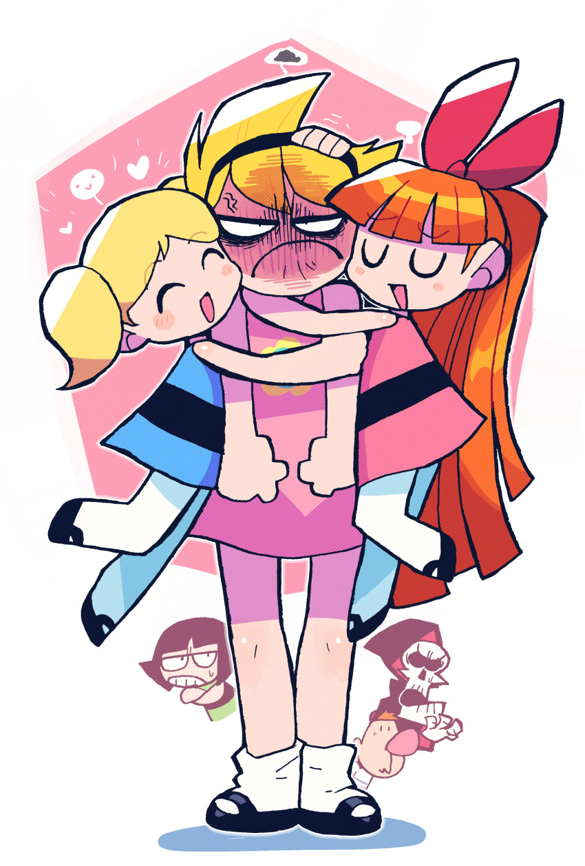 2boys 4girls :d absurdly_long_hair absurdres anger_vein angry belt billy_(grim_adventures) black_belt black_footwear blonde_hair blossom_(ppg) blue_dress blush blush_stickers bubbles_(ppg) buttercup_(ppg) cartoon_network closed_eyes closed_mouth constricted_pupils crossover dress embarrassed full-face_blush full_body girl_sandwich green_dress grim_(grim_adventures) headpat height_difference highres hood hood_up hug jitome long_hair looking_at_viewer mandy_(grim_adventures) mixed-language_commentary multiple_boys multiple_girls open_mouth orange_hair pantyhose pink_dress pink_shirt powerpuff_girls rariatto_(ganguri) sandwiched shirt shoes skeleton skull smile socks tall the_grim_adventures_of_billy_&_mandy twintails u_u very_long_hair white_legwear