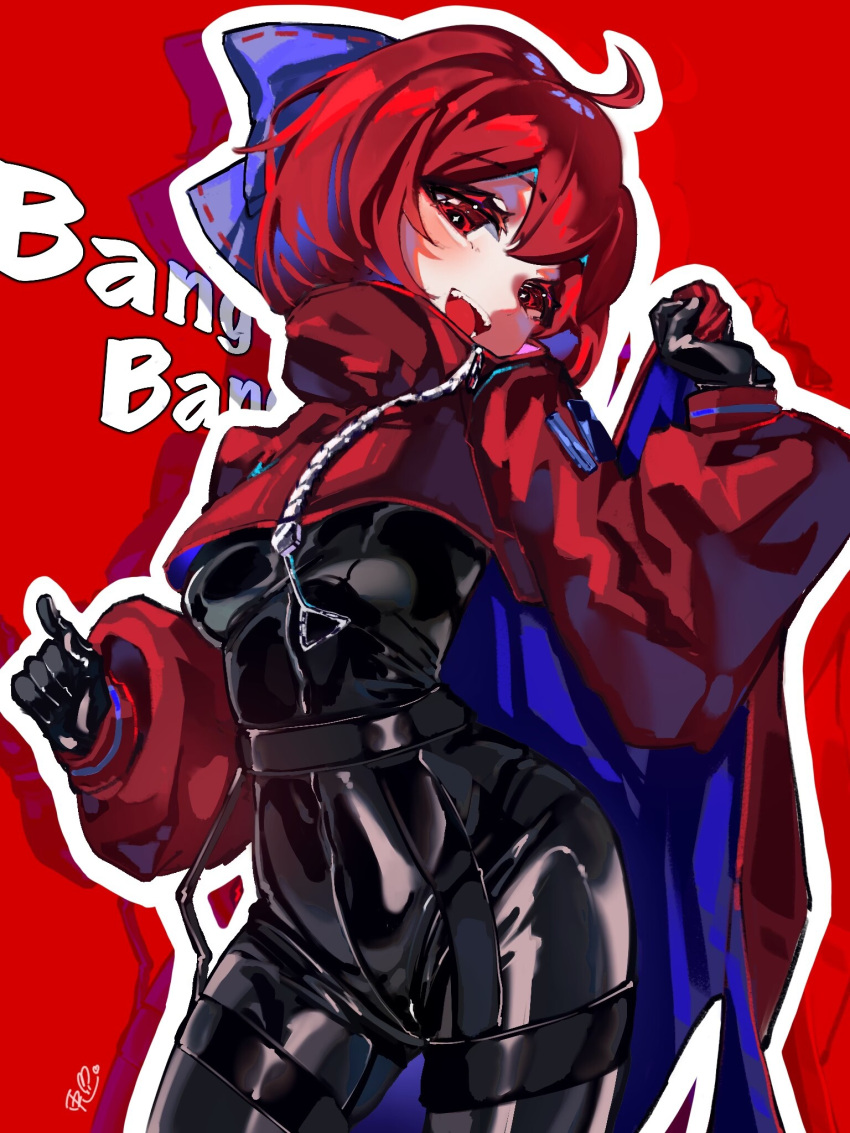 :d ahoge akatsuki_records black_bodysuit black_gloves blue_bow blue_cape blush bodysuit bow cape chinese_commentary commentary contrapposto cowboy_shot cropped_jacket female garter_straps gloves hairbow highres jacket latex latex_bodysuit long_sleeves looking_at_viewer medium_hair open_mouth red_background red_cape red_eyes red_hair red_jacket ribbon-trimmed_bow ringo_no_usagi_(artist) rock_'n'_rock_'n'_beat sekibanki short_hair signature simple_background skin_tight smile solo teeth touhou two-sided_cape two-sided_fabric two-tone_cape zipper