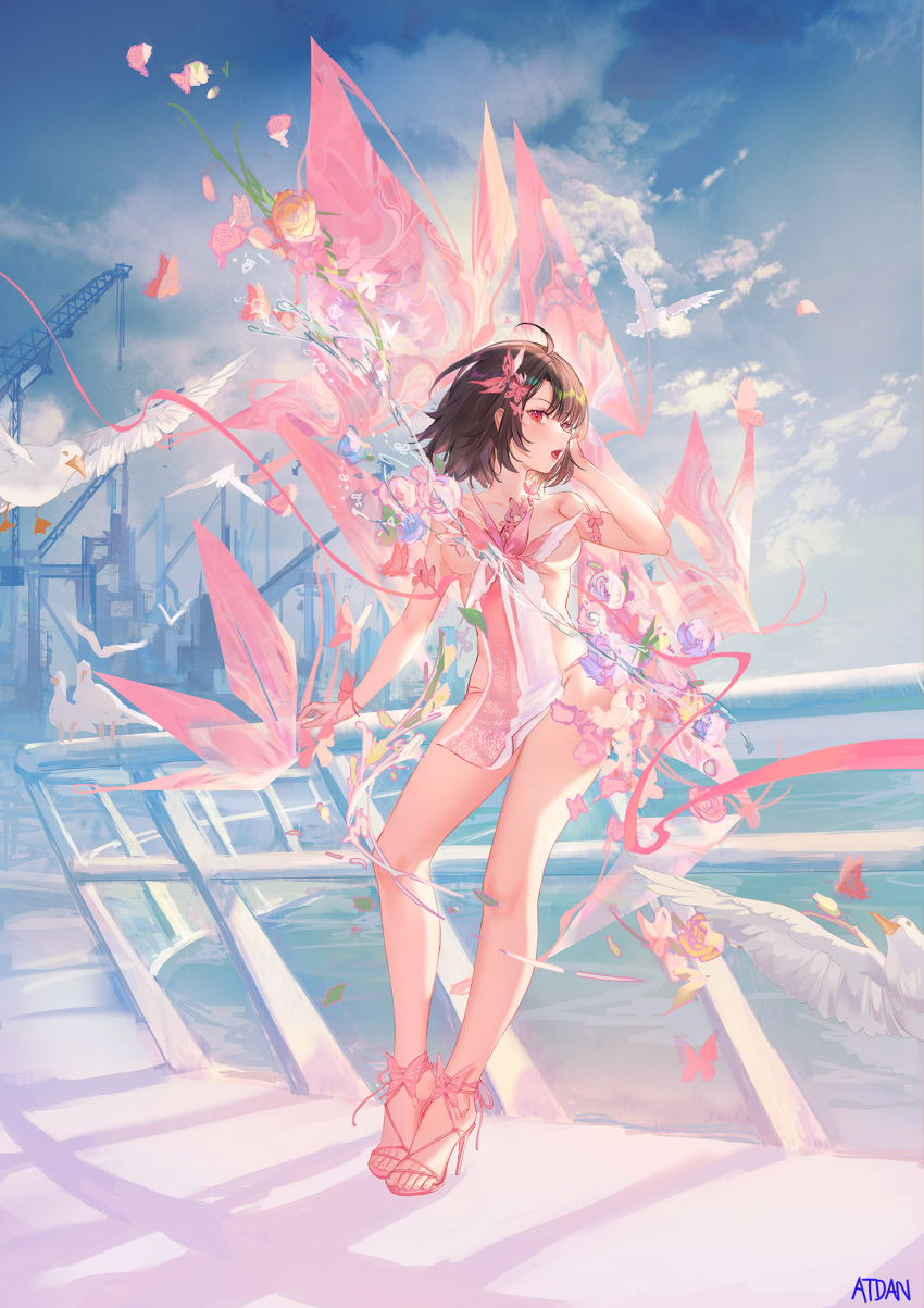 abstract ahoge artist_name atdan bare_arms bare_legs bare_shoulders bird blue_sky brown_hair bug butterfly cloud dress feet female flower full_body hand_up high_heels highres industrial leaning_on_rail looking_at_viewer open_mouth original outdoors pink_footwear red_eyes short_hair sky solo standing strapless strapless_dress water waves