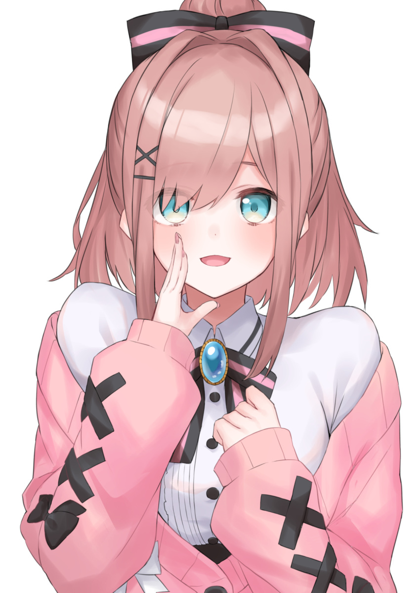 :d black_bow blue_eyes blush bow brooch brown_hair brown_nails cardigan collared_shirt commentary_request dress_shirt female hair_bun hair_intakes hair_ornament hair_over_one_eye hairbow hairclip hand_up hashiko_nowoto highres jewelry long_sleeves looking_at_viewer nail_polish nijisanji off_shoulder open_cardigan open_clothes open_mouth pink_cardigan shirt simple_background single_hair_bun sleeves_past_wrists smile solo striped striped_bow suzuhara_lulu virtual_youtuber white_background white_shirt x_hair_ornament