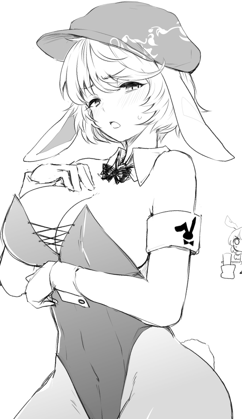 2girls absurdres animal_ears blush breasts cabbie_hat cleavage detached_sleeves efukei greyscale hat highres large_breasts leotard monochrome multiple_girls open_mouth playboy_bunny rabbit_ears rabbit_tail ringo_(touhou) seiran_(touhou) simple_background solo_focus strapless strapless_leotard tail touhou white_background