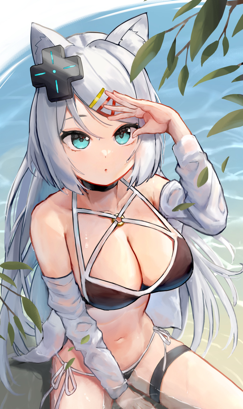 :o absurdres animal_ear_fluff animal_ears aqua_eyes bare_shoulders between_legs bikini black_choker branch breasts choker cleavage commentary cowboy_shot detached_sleeves eyelashes female forehead hair_ornament hairclip hand_between_legs hand_up highres large_breasts leaf long_sleeves looking_up meridian_project mizuki_(vtuber) navel o-ring o-ring_top oukafafafa outdoors parted_bangs salute side-tie_bikini_bottom sitting solo spread_legs swimsuit thigh_strap virtual_youtuber water white_sleeves