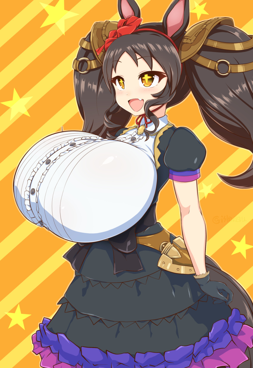 +_+ alternate_breast_size animal_ears black_hair blush breasts brown_eyes drill_hair drill_sidelocks ear_ornament female frills gigantic_breasts gloves hairband highres horse_ears horse_girl isemagu long_hair marvelous_sunday_(umamusume) oerba_yun_fang open_mouth oppai_loli orange_eyes paid_reward_available puffy_short_sleeves puffy_sleeves short_sleeves shortstack sidelocks smile solo star_(symbol) twintails umamusume