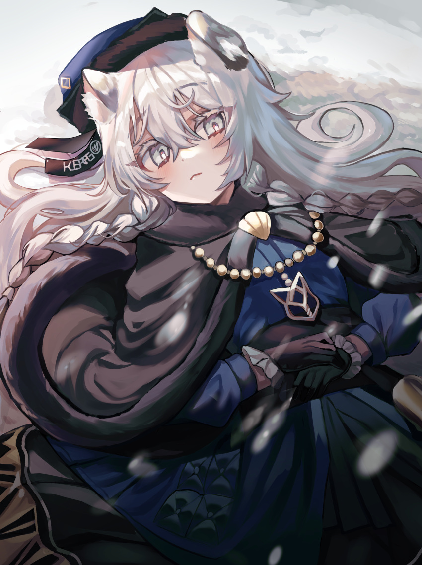 absurdres animal_ears arknights bad_id bad_pixiv_id black_cloak black_gloves black_headwear blue_dress braid cloak closed_mouth commentary dress female gloves grey_eyes grey_hair hair_between_eyes highres kjerag_logo leopard_ears long_hair long_sleeves looking_at_viewer lying official_alternate_costume on_back pramanix_(arknights) pramanix_(caster's_frost)_(arknights) snow snowing solo symbol-only_commentary twin_braids yam_(dr_yammy)