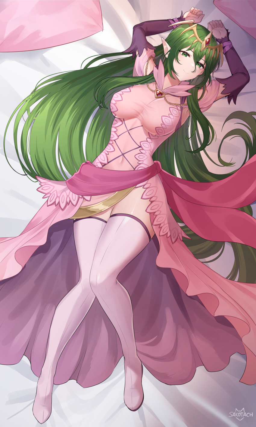 absurdres artist_name bed breasts commentary covered_navel detached_sleeves female fire_emblem fire_emblem:_mystery_of_the_emblem full_body green_eyes green_hair hair_between_eyes hair_ornament highres large_breasts long_hair looking_at_viewer lying nagi_(fire_emblem) on_back on_bed pillow pointy_ears sakotach smile thighhighs zettai_ryouiki