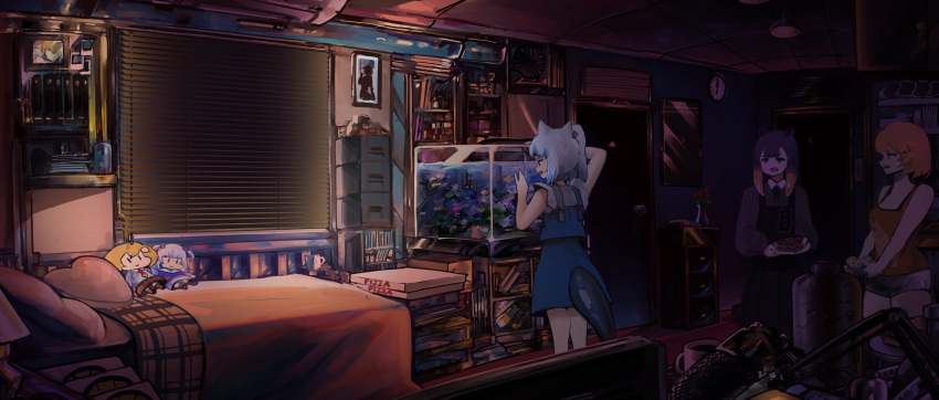 3girls absurdres air_conditioner animal_ears bed blonde_hair blue_eyes bottle bubba_(watson_amelia) bug cabinet cat_ears character_doll clock coffee_mug cookie cup door fins fish_tail fish_tank food from_behind gawr_gura gawr_gura_(casual) grey_hair headpiece heart heart-shaped_pillow highres holding holding_plate hololive hololive_english indoors long_hair long_sleeves mcnuggies_(meme) medium_hair meme microphone mole mole_under_eye mug multiple_girls ninomae_ina'nis ninomae_ina'nis_(casual) oerba_yun_fang open_mouth parody pillow pizza_box plate portrait_(object) purple_eyes purple_hair room shark_tail shirt shorts side_ponytail skirt skirt_set sleeveless sleeveless_shirt smol_ame spider standing style_parody tail tentacle_hair virtual_youtuber vyragami walfie_(style) wall_clock watson_amelia window_blinds