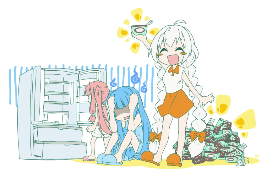 3girls ahoge bad_id bad_pixiv_id blue_footwear blue_hair blunt_bangs blush_stickers braid chibi closed_eyes commentary cup ekaki-ya_okamoto food gloom_(expression) hair_ribbon hands_on_own_head hitodama holding holding_cup ice_cream ice_cream_bar kizuna_akari kotonoha_akane kotonoha_aoi long_hair miniskirt mint_chocolate multiple_girls orange_footwear orange_skirt pink_footwear pink_hair refrigerator ribbon shaded_face shirt siblings sidelocks sitting skirt sleeveless sleeveless_shirt slippers smile twin_braids twins very_long_hair vocaloid voiceroid white_hair white_shirt