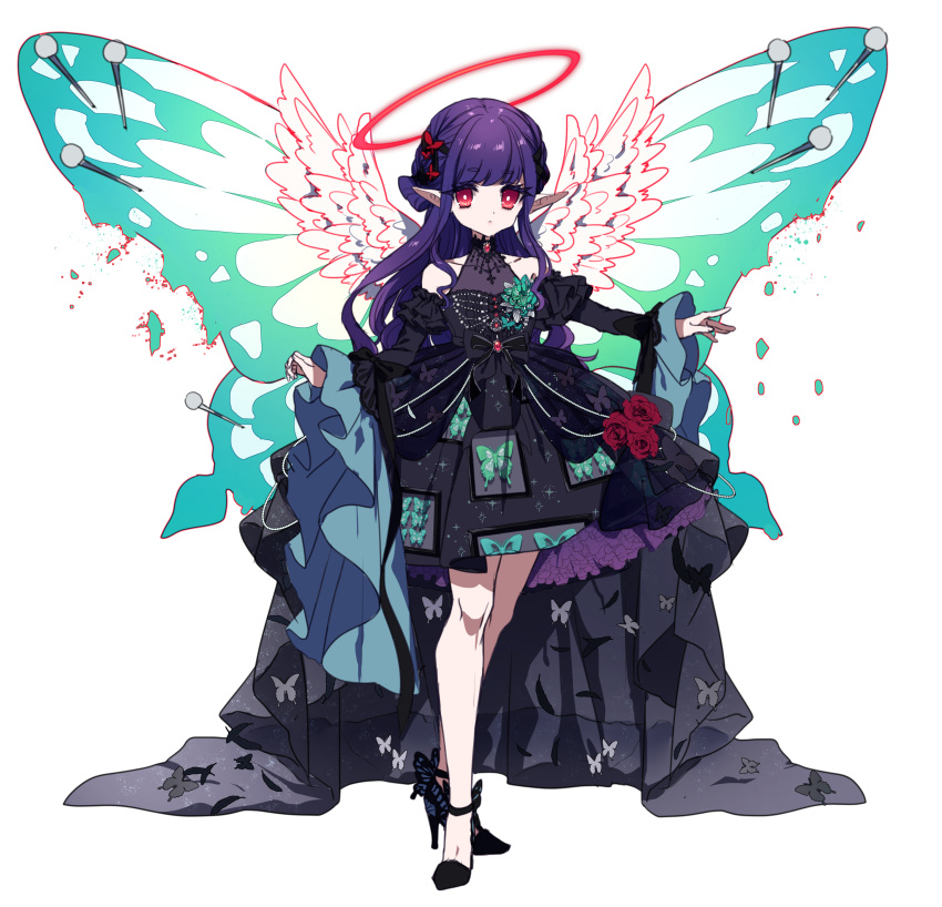 absurdres black_footwear butterfree closed_mouth collarbone commentary_request detached_sleeves dress eyelashes female full_body gigantamax gigantamax_butterfree hair_ornament halo high_heels highres knees long_hair looking_at_viewer moe_(hamhamham) personification pointy_ears pokemon purple_hair red_eyes white_background wide_sleeves wings