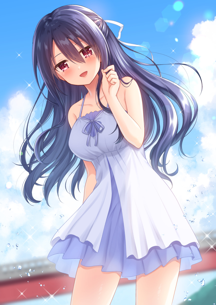 :d bare_arms bare_shoulders black_hair blurry blurry_background blush commentary_request day depth_of_field dress female hair_between_eyes hair_ornament hair_ribbon hairclip hand_up highres izanami_kyouko kamisama_ni_natta_hi long_hair looking_at_viewer nakamura_hinato open_mouth outdoors red_eyes ribbon sleeveless sleeveless_dress smile solo very_long_hair white_dress white_ribbon