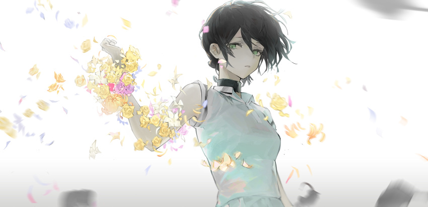 bare_arms black_choker black_hair blurry blurry_background chainsaw_man choker commentary expressionless falling_petals female flower green_eyes hand_up highres koio looking_at_viewer parted_lips petals pink_flower reze_(chainsaw_man) shirt short_hair solo upper_body white_background white_flower white_shirt yellow_flower