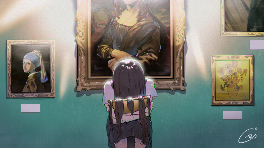 absurdres bad_id bad_pixiv_id black_skirt brown_hair cadorunrun female fine_art girl_with_a_pearl_earring hair_flowing_over highres hugging_object leaning_forward long_hair mona_lisa original painting_(object) pleated_skirt school_uniform serafuku shirt short_sleeves skirt solo sunflowers_(van_gogh) three_quarter_view very_long_hair white_shirt