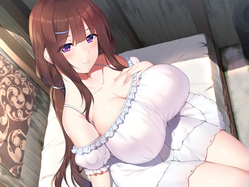 bare_shoulders bed bed_sheet blush breasts brown_hair cleavage closed_mouth collarbone commentary_request dress dutch_angle female frilled_sleeves frills hair_ornament hairclip hand_on_own_chest highres indoors large_breasts long_hair looking_at_viewer low_ponytail mature_female minamon_(vittel221) on_bed original puffy_short_sleeves puffy_sleeves purple_eyes second-party_source short_sleeves sidelocks sitting smile solo very_long_hair white_dress