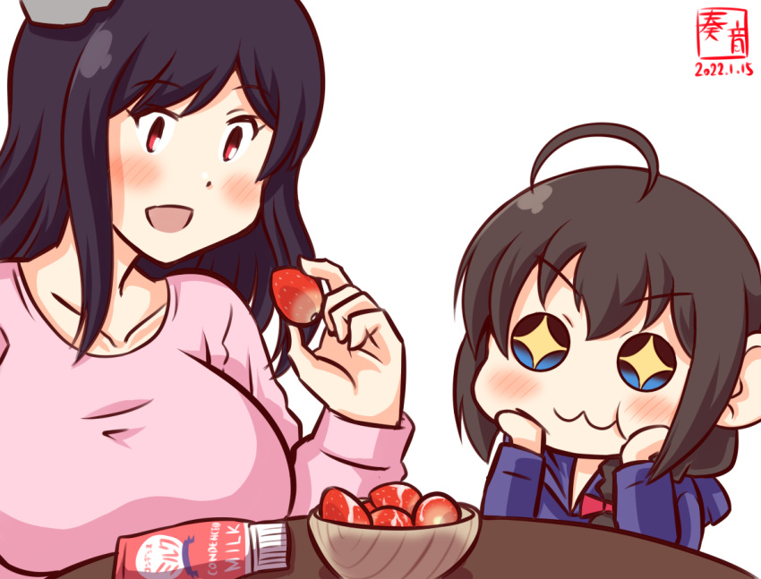 2girls :3 aged_down ahoge alternate_costume artist_logo black_hair blue_eyes blue_hoodie bowl braid breasts collarbone commentary_request condensed_milk dated food fruit hair_ornament hair_over_shoulder hood hood_down hoodie kanon_(kurogane_knights) kantai_collection large_breasts light_blush long_sleeves multiple_girls one-hour_drawing_challenge open_mouth pink_shirt red_eyes shigure_(kancolle) shirt short_hair simple_background single_braid smile strawberry table white_background yamashiro_(kancolle)