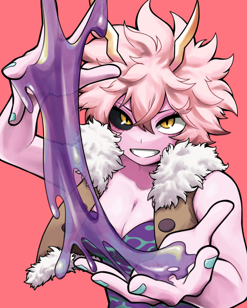 absurdres ashido_mina bare_shoulders black_sclera bodysuit boku_no_hero_academia breasts cleavage colored_sclera colored_skin cropped_vest female fur_trim green_nails hair_between_eyes highres hiro_illust11 horikoshi_kouhei_(style) horns medium_breasts multicolored_clothes pink_background pink_hair pink_skin short_hair slime_(substance) smile solo upper_body vest yellow_eyes yellow_horns