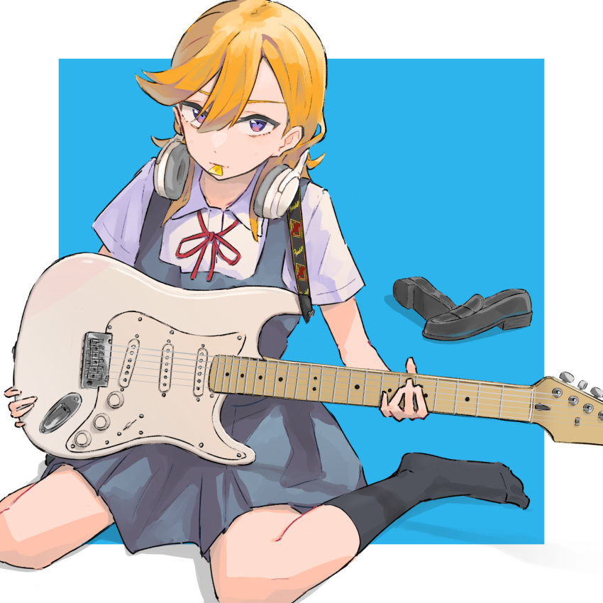 bad_id bad_pixiv_id black_socks blonde_hair blue_background blue_dress closed_mouth commentary dress electric_guitar female fender_stratocaster full_body guitar hair_between_eyes headphones headphones_around_neck highres holding holding_instrument instrument irenji long_hair looking_at_viewer love_live! love_live!_superstar!! pinafore_dress plectrum plectrum_in_mouth purple_eyes school_uniform shibuya_kanon shirt shoes short_sleeves sitting sleeveless sleeveless_dress socks solo two-tone_background unworn_shoes wariza white_background white_shirt yuigaoka_school_uniform