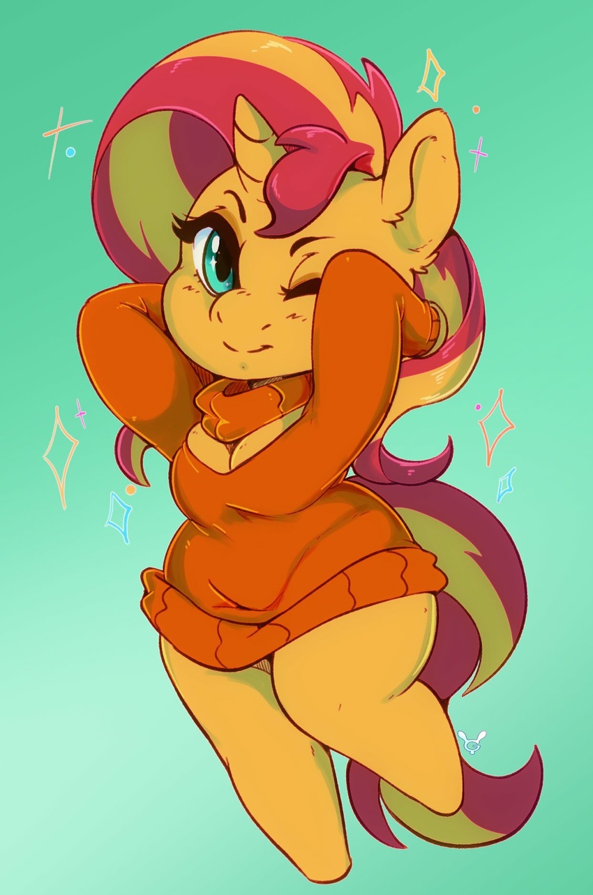 anthro anthrofied breasts chibi cleavage clothed clothing equestria_girls equid equine female geeflakes hasbro hi_res horn mammal my_little_pony mythological_creature mythological_equine mythology one_eye_closed solo sunset_shimmer_(eg) sweater topwear unicorn wide_hips wink