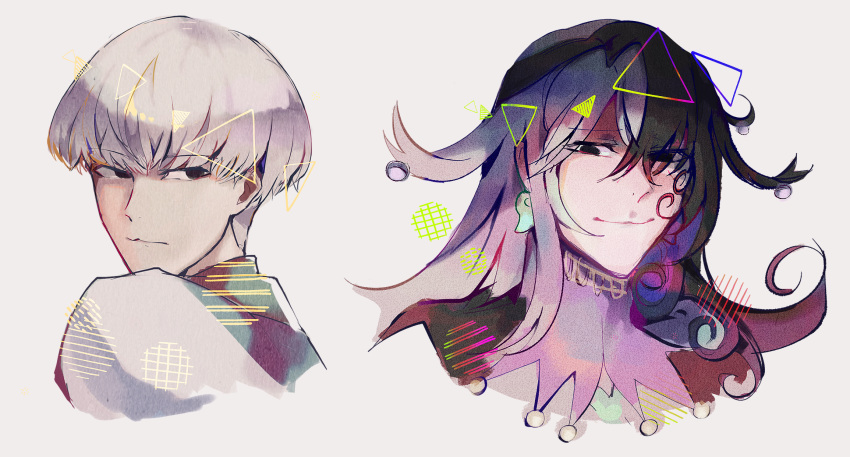 2boys ashiya_douman_(fate) asymmetrical_hair black_eyes black_hair bowl_cut brynhildr97 cropped_shoulders curly_hair earrings expressionless fate/grand_order fate_(series) hair_between_eyes hair_intakes highres jewelry long_hair magatama magatama_earrings male_focus multicolored_hair multiple_boys smug split-color_hair two-tone_hair very_long_hair watanabe_no_tsuna_(fate) white_hair