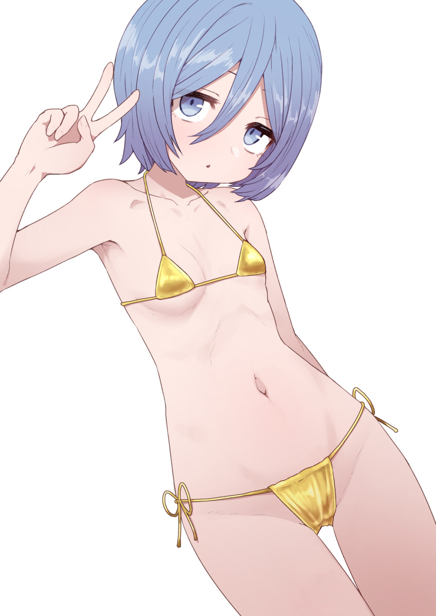 animal_print armpits ass_visible_through_thighs bad_id bad_twitter_id bare_shoulders bikini blue_eyes blue_hair bob_cut breasts collarbone cowboy_shot dutch_angle female furfur_(megido72) gold_bikini hair_between_eyes halterneck hand_up highres light_blush looking_at_viewer megido72 micro_bikini navel open_mouth short_hair side-tie_bikini_bottom simple_background small_breasts solo standing string_bikini sumiyao_(amam) swimsuit triangle_mouth v white_background