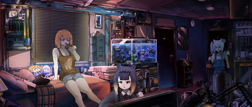 3girls absurdres air_conditioner bed blonde_hair blue_eyes blue_hair blunt_bangs blush boom_microphone bubba_(watson_amelia) bug character_doll chest_of_drawers clock coffee_mug cup door fish fish_tank food gawr_gura gawr_gura_(casual) grey_hair hair_ornament highres hololive hololive_english indoors long_hair mcnuggies_(meme) meme mug multicolored_hair multiple_girls ninomae_ina'nis ninomae_ina'nis_(casual) official_alternate_costume open_mouth parody phone pizza pizza_box pointy_ears purple_hair room sandwich shoes shorts smol_ame soda_bottle streaked_hair style_parody tank_top tentacle_hair very_long_hair virtual_youtuber vyragami walfie_(style) water watson_amelia window_blinds