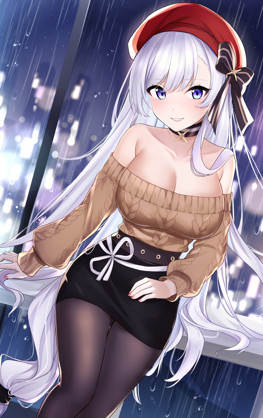 absurdres artist_name azur_lane bare_shoulders belfast_(azur_lane) belfast_(shopping_with_the_head_maid)_(azur_lane) beret black_choker black_pantyhose black_skirt blue_eyes blurry breasts brown_sweater building casual choker cleavage collarbone commentary depth_of_field female hair_between_eyes hat head_tilt highres jyu-so large_breasts long_hair long_sleeves looking_at_viewer low-tied_long_hair miniskirt night night_sky off-shoulder_sweater off_shoulder official_alternate_costume pantyhose pencil_skirt rain red_hat revision sidelocks sitting_on_fence skirt sky skyscraper solo sweater thighs very_long_hair white_hair