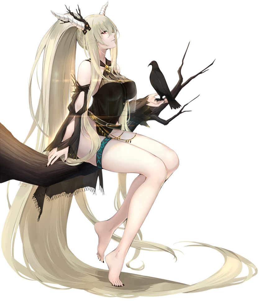 absurdly_long_hair arknights bangs bare_shoulders barefoot bird bird_on_hand black_nails black_swimsuit blonde_hair branch breasts casual_one-piece_swimsuit closed_mouth detached_sleeves ears_visible_through_hair female hair_between_eyes hair_ornament high_ponytail highres horns infection_monitor_(arknights) large_breasts long_hair long_sleeves looking_at_viewer looking_to_the_side maya_g nail_polish official_alternate_costume one-piece_swimsuit pointy_ears raven_(animal) red_eyes shining_(arknights) shining_(silent_night)_(arknights) sideways_glance sitting smile solo swimsuit thigh_strap thighs very_long_hair white_background