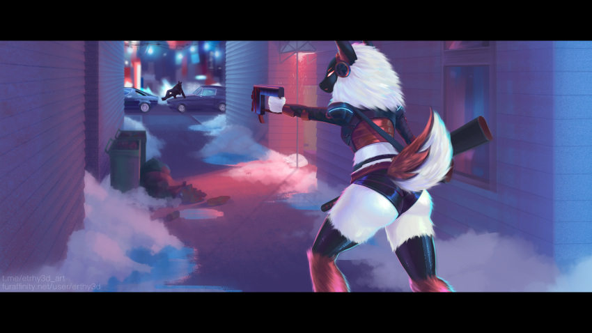 aiming aiming_at_another alley anthro armor ass big_butt car city city_background clothed clothing criminal digital_media_(artwork) digital_painting_(artwork) duo erthy3d female female_focus fluffy fluffy_tail fur gun hi_res lights looking_away machine midriff narrowed_eyes noisy_(redace83) outside protogen ranged_weapon rear_view screen screen_face skimpy snow solo_focus tail text thick_thighs urban url vaulting vehicle weapon white_body white_fur winter