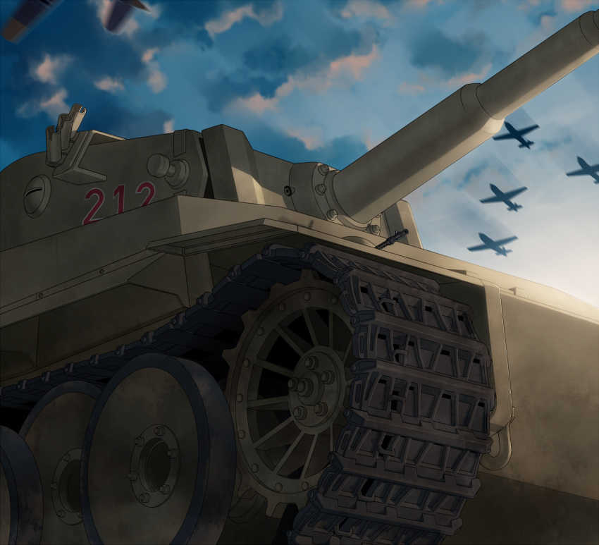 aircraft bf_109 blew_andwhite caterpillar_tracks cloud commentary_request emblem evening girls_und_panzer highres military military_vehicle motor_vehicle no_humans outdoors sky sunlight tank tiger_i vehicle_focus