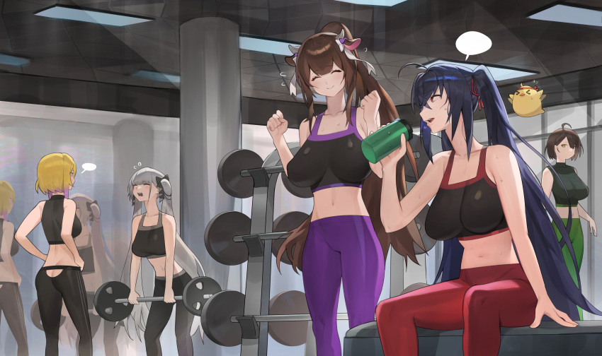 5girls absurdres alternate_costume ass_cutout azur_lane back bad_anatomy baltimore_(azur_lane) bench black_sports_bra blonde_hair bottle breasts brown_hair butt_crack clothing_cutout crop_top english_commentary exercising formidable_(azur_lane) grey_hair gym highres hood_(james_x) kashino_(azur_lane) large_breasts leggings long_hair long_neck looking_at_another manjuu_(azur_lane) marblehead_(azur_lane) marblehead_(boxing_girl!)_(azur_lane) mirror multiple_girls navel pants pillar red_eyes short_hair sitting sports_bra standing stomach sweat taihou_(azur_lane) tight_clothes tight_pants twintails very_long_hair water_bottle weightlifting weights yellow_eyes yoga_pants