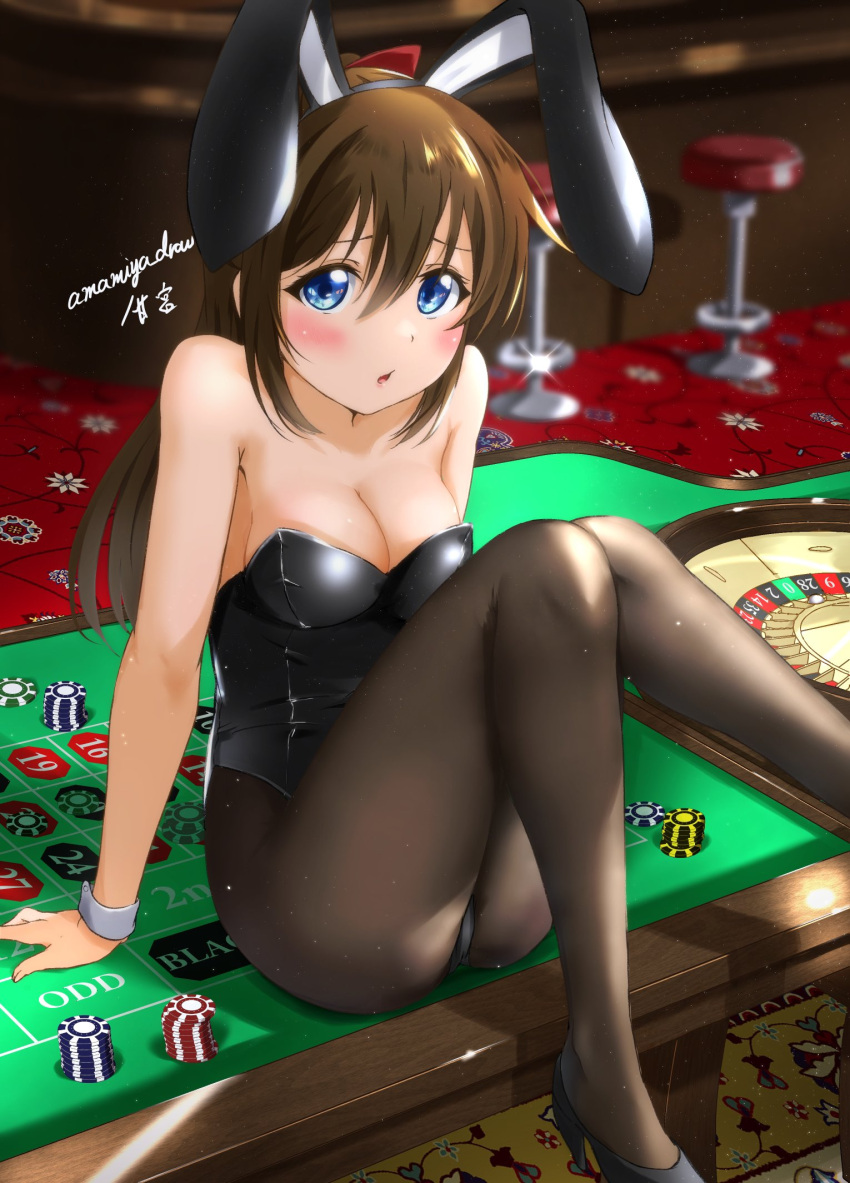 amamiya_(re-amamiya) animal_ears ass bare_arms black_footwear black_leotard black_pantyhose blue_eyes blurry blush breasts brown_hair casino cleavage collarbone depth_of_field eyebrows_hidden_by_hair fake_animal_ears female grey_hairband hair_between_eyes hairband high_heels highres indoors knees_up leotard long_hair looking_at_viewer love_live! love_live!_nijigasaki_high_school_idol_club medium_breasts on_table open_mouth osaka_shizuku pantyhose playboy_bunny pumps rabbit_ears roulette_table sitting solo strapless strapless_leotard table wrist_cuffs