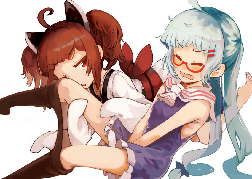 2girls ahoge barefoot blue_dress blue_hair breasts brown_hair brown_pantyhose closed_eyes clothes_pull covering_crotch covering_privates dress frilled_dress frills glasses highres japanese_clothes kimono long_hair multiple_girls no_shoes obi oerba_yun_fang one_eye_closed open_mouth otomachi_una pantyhose pantyhose_pull parted_lips red-framed_eyewear red_eyes sailor_collar sailor_dress sash sasurai_susuki semi-rimless_eyewear simple_background sleeveless sleeveless_dress small_breasts soles talkex touhoku_kiritan twintails under-rim_eyewear very_long_hair voiceroid white_background white_kimono white_sailor_collar yuri