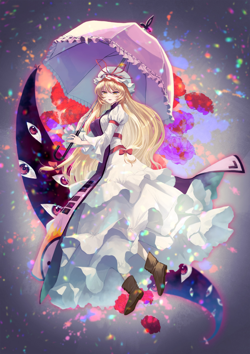 blonde_hair blush boots brown_footwear commentary_request dress eyelashes female flame_print frilled_umbrella frills full_body gap_(touhou) hair_ribbon highres holding holding_umbrella long_hair long_sleeves looking_at_viewer neko61 parasol parted_lips red_eyes red_ribbon ribbon solo tabard touhou tress_ribbon trigram umbrella white_dress yakumo_yukari yellow_eyes yin_yang yin_yang_print