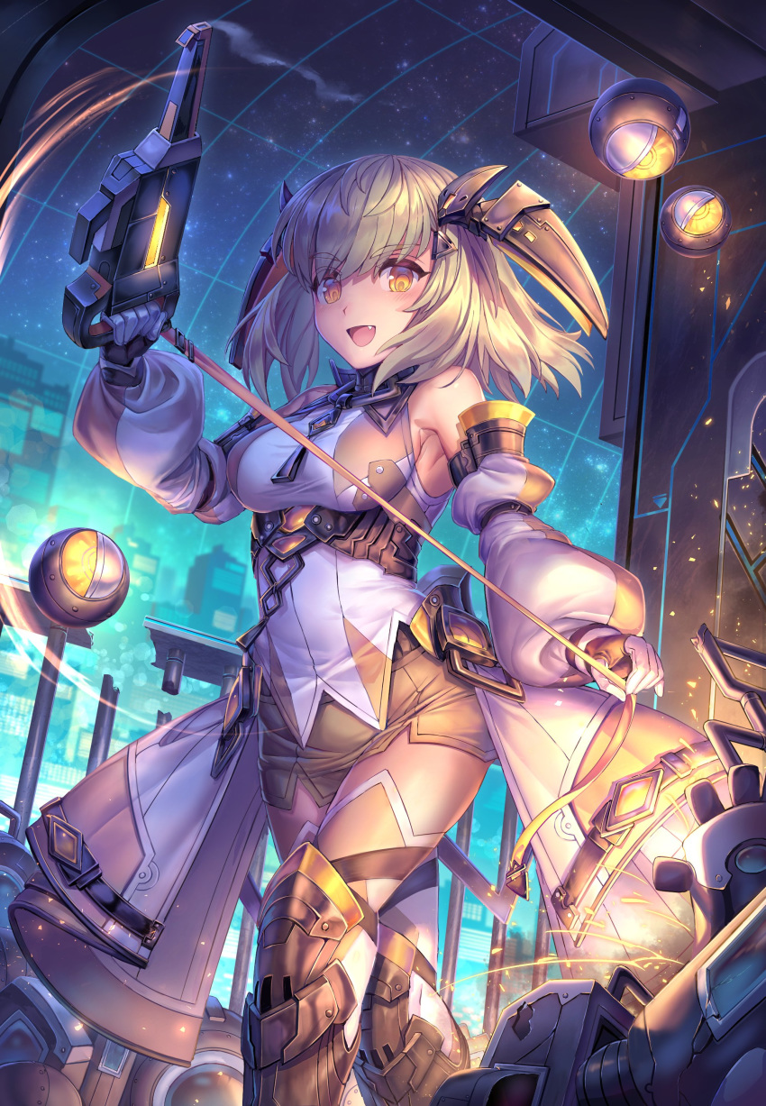 :d absurdres bad_id bad_twitter_id bare_shoulders blonde_hair blush boots breasts brown_gloves brown_shorts detached_sleeves female fingerless_gloves gloves gun hand_up headgear highres holding holding_gun holding_weapon large_breasts long_sleeves looking_at_viewer medium_hair oerba_yun_fang open_mouth original puffy_long_sleeves puffy_sleeves ringed_eyes robot shichigatsu short_shorts shorts smile smoke smoking_barrel solo waist_cape weapon yellow_eyes