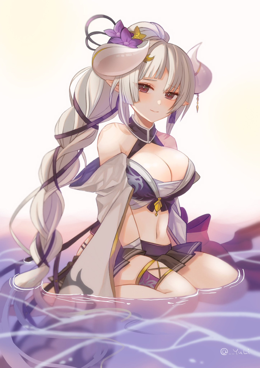 azusa_(granblue_fantasy) azusa_(summer)_(granblue_fantasy) bandaged_hand bandages bare_shoulders bikini blush braid braided_ponytail breasts cleavage draph female flower granblue_fantasy hair_flower hair_ornament high_ponytail highres horns large_breasts long_hair looking_at_viewer navel official_alternate_costume official_alternate_hairstyle pointy_ears purple_bikini purple_flower red_eyes skirt solo swimsuit thighs very_long_hair white_hair yu-li