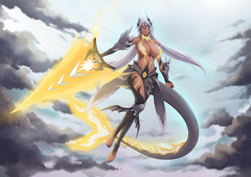 absurdres alternate_form arrancar asymmetrical_legwear barefoot black_sclera bleach bleach:_brave_souls blue_eyes body_markings breasts cloud cloudy_sky colored_sclera dark-skinned_female dark_clouds dark_skin energy_sword energy_weapon facial_mark female fiery_tail fingernails fins fish_tail floating full_body gauntlets hair_between_eyes highres holding holding_sword holding_weapon hollow_(bleach) horns large_breasts leg_wings long_fingernails long_hair long_toenails looking_at_viewer mismatched_legwear monster_girl resurreccion sakuya_(liao_kj) shark_girl shark_tail sharp_fingernails sharp_toenails sidelocks sky solo sword tail tan tier_harribel toenails weapon white_hair wings yellow_fire