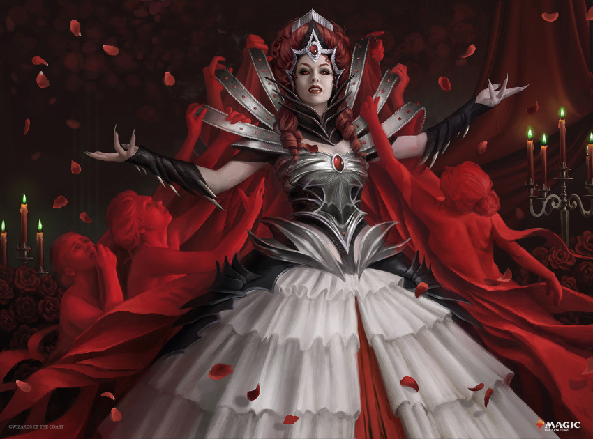 armor armored_dress breasts bridal_veil bride candle candlelight cleavage copyright_notice dress flower gauntlets highres magic:_the_gathering martina_fackova official_art olivia_voldaren outstretched_arms petals red_eyes red_flower red_hair red_lips red_rose rose rose_petals spread_arms vampire veil wedding wedding_dress white_dress