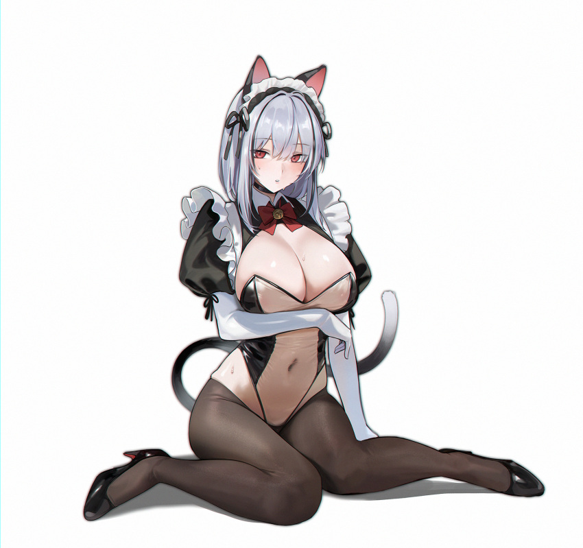 animal_ears black_footwear black_shrug blush bow breasts cat_ears cat_girl cat_tail elbow_gloves female frills gloves grey_hair high_heels highleg highres large_breasts leotard looking_at_viewer maid maid_headdress navel orange_eyes original pantyhose playboy_bunny red_bow red_footwear see-through_clothes see-through_leotard shrug_(clothing) simple_background sitting solo starcat tail thighhighs thighs wariza white_background white_gloves