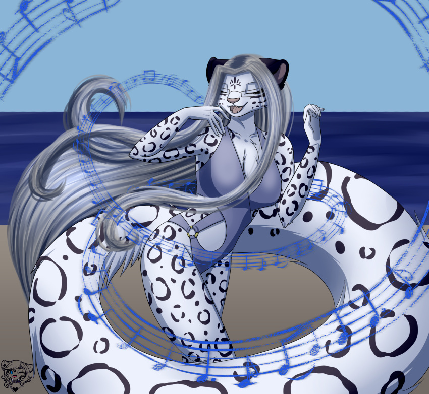 absurd_res anthro beach big_tail closed_eyes clothing eyewear felid female glasses hair hi_res long_hair long_tail mammal medicatedcannibal musical_note musical_symbol open_mouth pantherine silver_hair snow_leopard solo swimwear symbol tail titania_(chromatic_bard) trans_(lore) trans_woman_(lore) water wearing_glasses