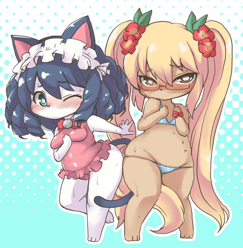 2girls animal_ears aqua_eyes bell bikini blonde_hair blue_bikini blue_hair blush bow bowtie breasts cat_ears cat_girl cat_tail commentary_request cyan_(myumon)_(show_by_rock!!) cyan_(show_by_rock!!) dog_girl dog_tail flat_chest flower full_body furry furry_female hair_flower hair_ornament hairband hibiscus highres jingle_bell lolita_hairband long_hair medium_breasts micro_bikini multiple_girls no_mouth one-piece_swimsuit one_eye_closed petite pink_bow pink_bowtie pink_one-piece_swimsuit retoree_(myumon)_(show_by_rock!!) retoree_(show_by_rock!!) ringlets shinobe short_hair shortstack show_by_rock!! standing swimsuit tail twintails very_long_hair wide_hips