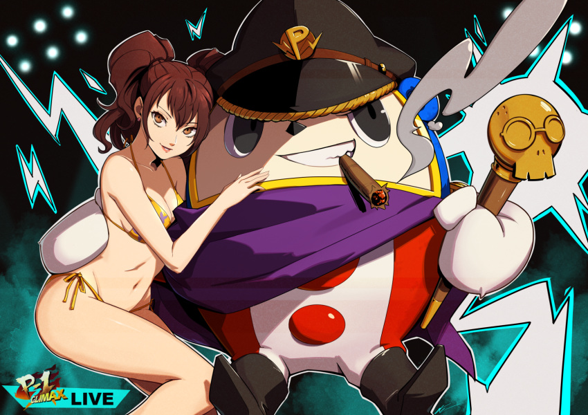 bikini black_hat brown_eyes brown_hair cigar commentary eightyfourart english_commentary female grin hair_between_eyes hat highres kujikawa_rise kuma_(persona_4) lips long_hair military_hat persona persona_4 persona_4:_the_ultimate_in_mayonaka_arena pink_lips seductive_smile shadow_rise sitting smile smoking swept_bangs swimsuit twintails very_long_hair yellow_bikini