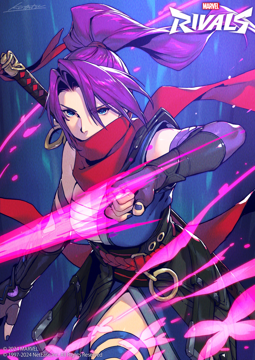 absurdres blue_eyes chest_sarashi clenched_hand copyright_notice elbow_gloves female fingerless_gloves gloves highres kotatsu_(g-rough) logo long_hair marvel marvel_rivals official_art ponytail psylocke purple_hair sarashi scarf scarf_over_mouth signature single_bare_shoulder solo sword sword_on_back thighs weapon weapon_on_back