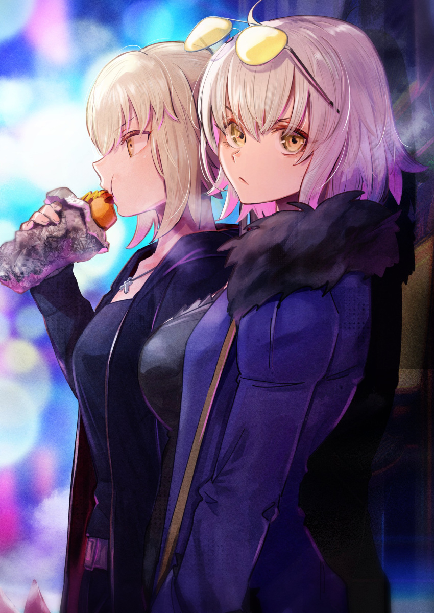 2girls absurdres ahoge artoria_pendragon_(fate) black_dress black_shirt blonde_hair blue_coat breasts closed_mouth coat commentary_request dress eating eyewear_on_head fate/grand_order fate_(series) food fur-trimmed_coat fur_trim hair_between_eyes highres holding holding_food hood hood_down hooded_jacket iris_(tb33064667) jacket jeanne_d'arc_alter_(fate) jeanne_d'arc_alter_(ver._shinjuku_1999)_(fate) jewelry large_breasts long_hair long_sleeves looking_at_viewer multiple_girls necklace official_alternate_costume open_clothes open_coat open_jacket profile saber_alter saber_alter_(ver._shinjuku_1999)_(fate) shirt short_hair sidelocks sunglasses tinted_eyewear yellow-tinted_eyewear yellow_eyes