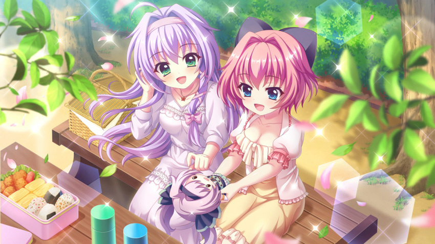 2girls :d ahoge bench bento birthday blue_eyes blurry blurry_foreground bow breasts bush character_doll cleavage collarbone day doll dot_nose dress film_grain food food_art from_above game_cg green_eyes hair_intakes hair_ribbon hairband hairbow hand_in_own_hair hiiragi_kae hokaze_kanade holding holding_doll izumi_tsubasu large_bow leaf lens_flare long_hair medium_breasts misaki_sango multiple_girls non-circular_lens_flare non-web_source official_art on_bench onigiri open_mouth outdoors pink_bow pink_hair pink_ribbon purple_bow purple_dress purple_hair purple_hairband re:stage! ribbon short_hair sitting smile sparkle table tako-san_wiener thermos tree twintails wooden_bench wooden_table yellow_dress