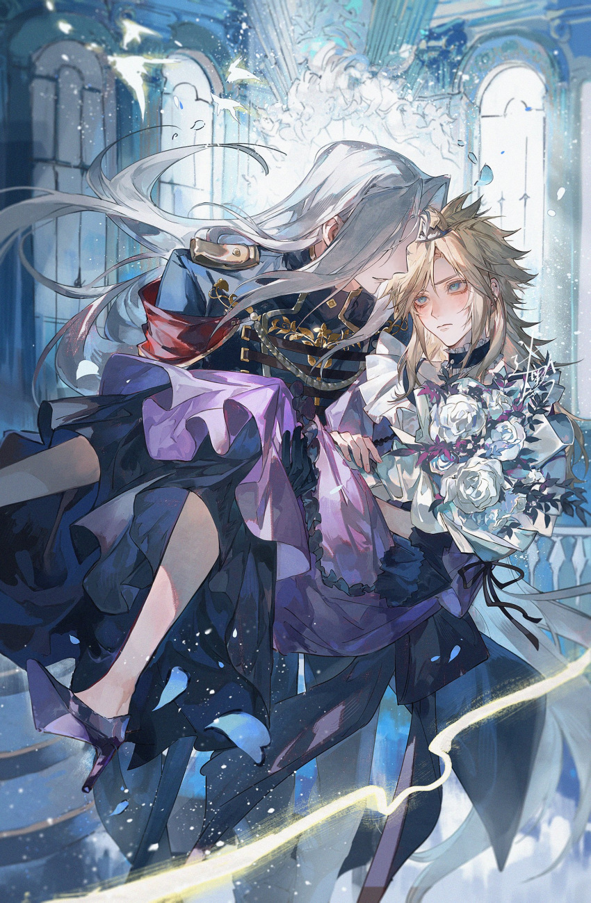 2boys absurdres aiguillette architecture aristocratic_clothes aristocratic_military_dress_uniform black_choker black_footwear black_jacket black_ribbon blonde_hair blue_eyes blush bouquet carrying chinese_commentary choker cloud_strife cloud_strife_(ball_gown) commentary_request crossdressing day dress dress_ribbon european_architecture final_fantasy final_fantasy_vii final_fantasy_vii_remake flower formal frilled_choker frilled_dress frills full_body furrowed_brow gothic_architecture grey_hair hair_over_eyes high_heels highres holding holding_bouquet indoors jacket light_frown light_particles light_smile long_bangs long_dress long_hair looking_at_another looking_up male_focus military_jacket mini_tiara multiple_boys official_alternate_costume parted_bangs princess_carry purple_dress ribbon rose sephiroth sephiroth_(shinra_formal_uniform) shoulder_boards spiked_hair sqloveraven tiara upper_body very_long_hair white_flower white_rose window yaoi